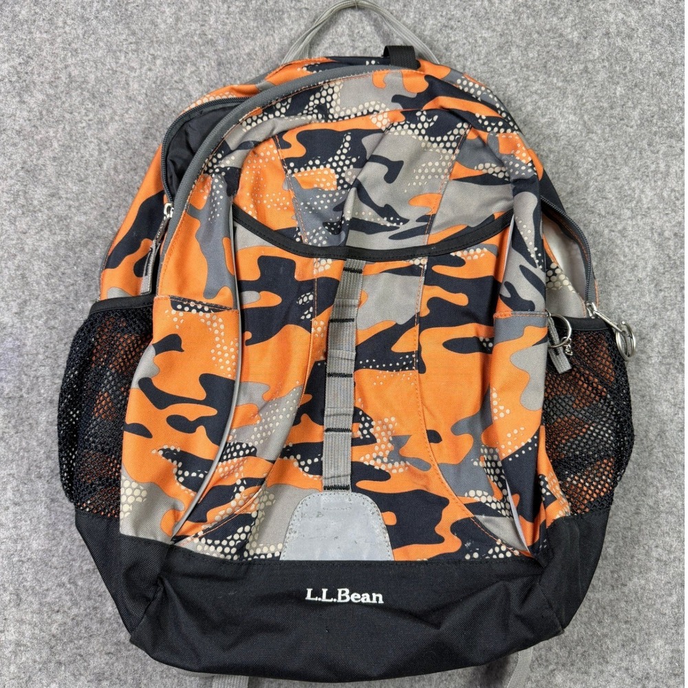 LL Bean Orange Camo Explorer Backpack Reflective School Hiking Bag Outdoor